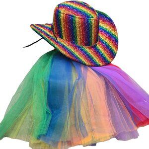 Rainbow sparkle glitter Cowboy Hat & Tutu Set pride LGBTQIA+ rainbow halloween